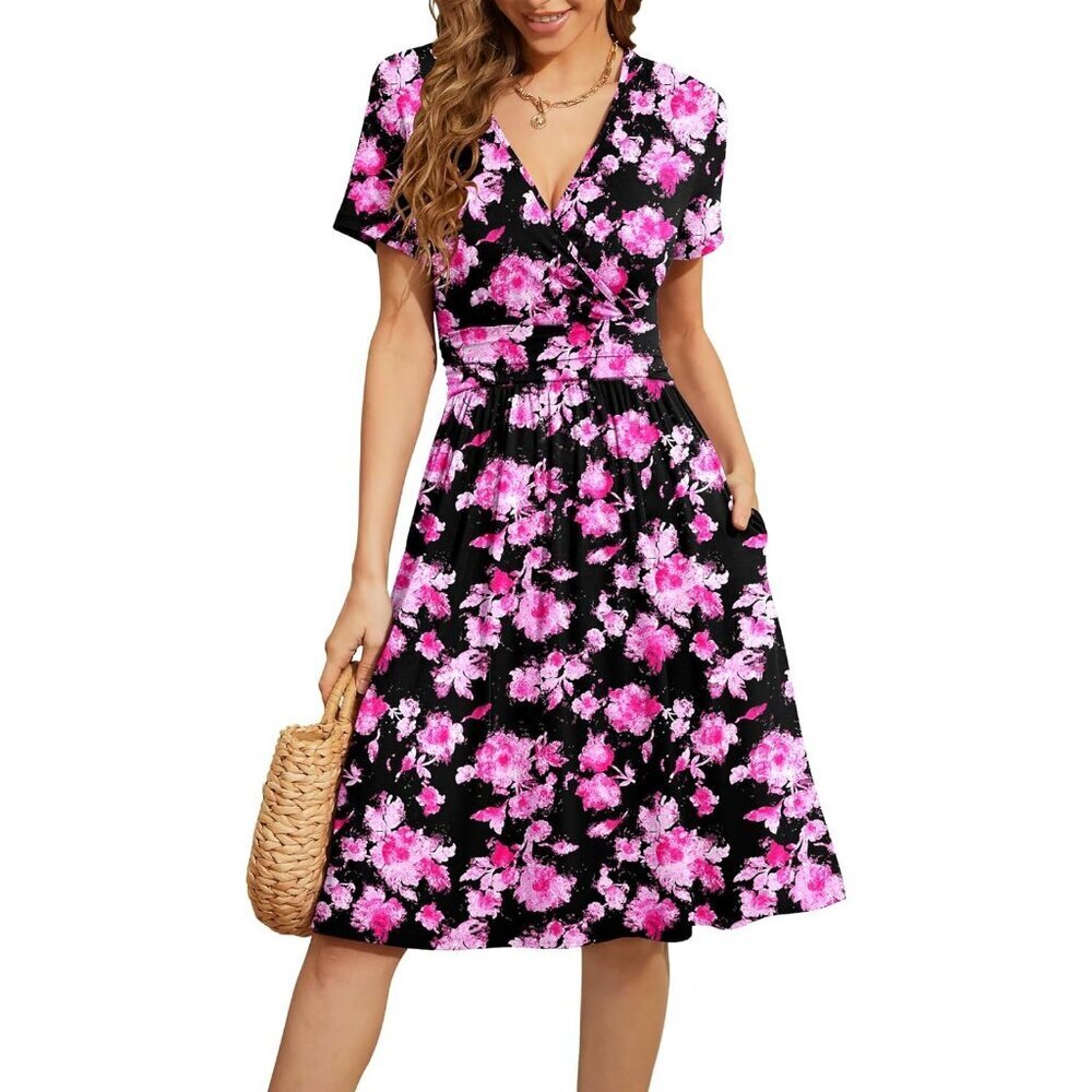 Women Black Pink Short Sleeve V-Neck Floral Stretchy Party Dress with Pockets - Picture 1 of 5